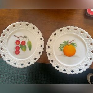 Vintage Kemple Milk Glass Hand Painted Fruit Plates
